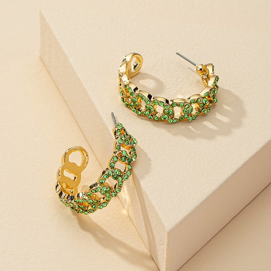Green Stone Chain Hoop Earrings